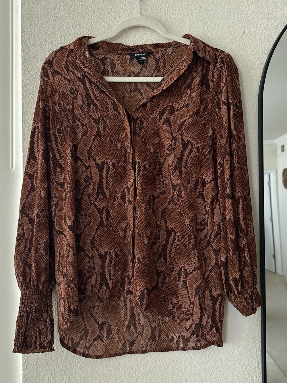 Express Brown Snake-Print Long Sleeve Blouse Fall